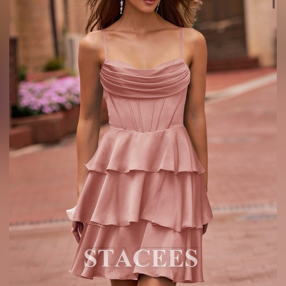 Stacees A-line Cowl Neck Corset Tiered Ruffle Homecoming Dress